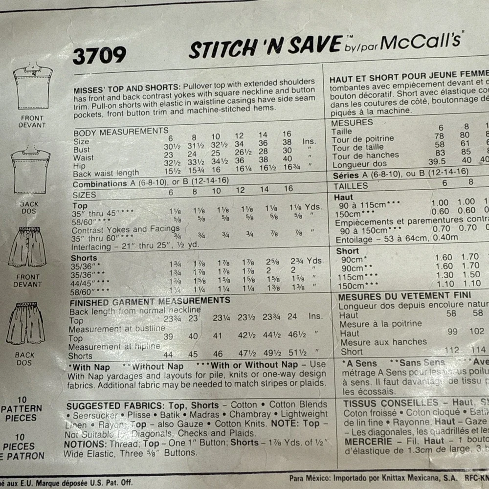 Vtg McCall's Pattern 3709 Women's Pull On‎ Shorts Top Cut 1980s 6 8 10 Normcore